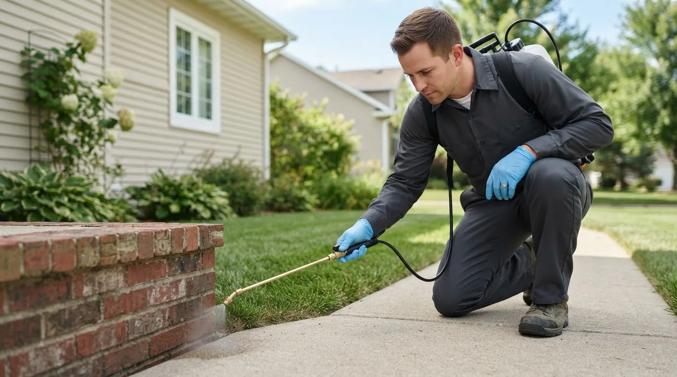 Pest control technician treating a home near Alba, TX